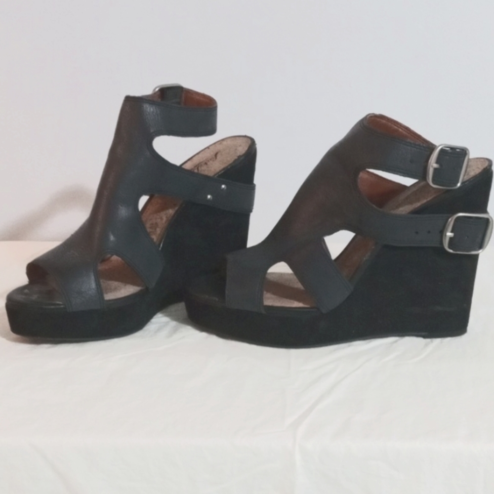 Lucky Brand Wedge Leather upper, Suede heel buckle back black, size 10